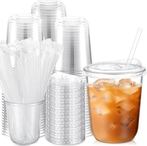 Vista 16 de Ziliny Paquete de 25 vasos de plástico transparente de 12 onzas con tapas para sorbos y pajitas, tazas desechables para café helado de cristal
