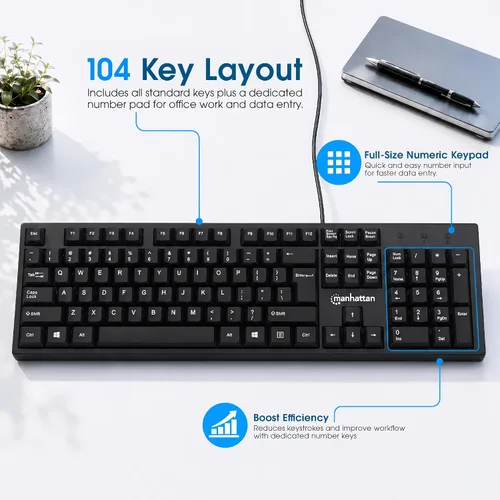 Vista 4 de Manhattan Teclado de computadora con cable – Teclado negro básico – con cable USB-A de 4.5 pies, 104 teclas, soportes plegables – Compatible