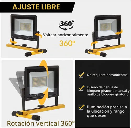 Vista 3 de Luces de trabajo de 22000 lúmenes con soporte, luz de trabajo LED de 2 cabezales ajustables, con soporte de trípode ajustable y plegable, lámpara