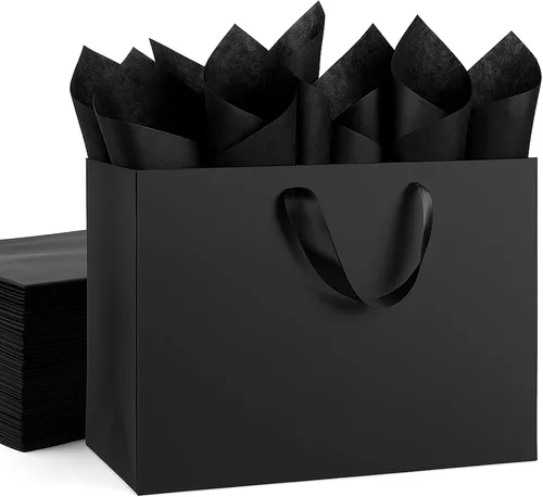 Vista 13 de Paquete de 4 bolsas de regalo negras extra grandes, bolsas de regalo grandes con papel de seda, 16 x 6 x 12 pulgadas, bolsas de regalo para pequeñas