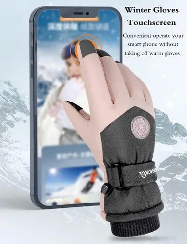 Vista 6 de JJZS Guantes de nieve de esquí de invierno para hombres, mujeres, jóvenes Guantes de calentamiento de manos impermeables para pantalla táctil