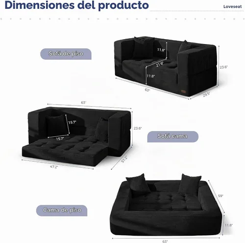Vista 2 de MAXYOYO Sofá cama plegable, sofá biplaza convertible sin hueso con almohada Negro