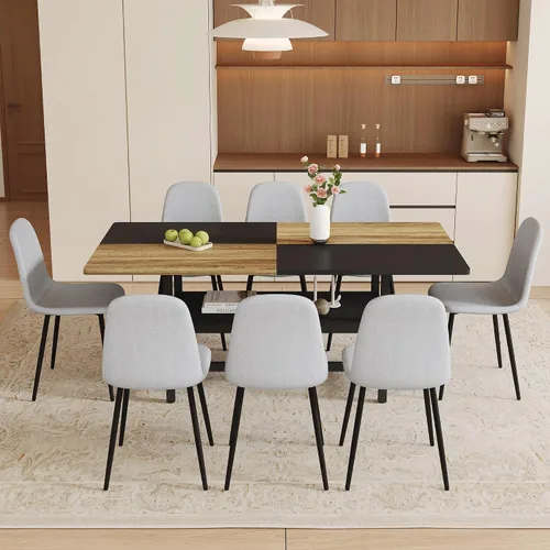 Vista 26 de Juego de mesa de comedor de 71 pulgadas para 6 personas con estante de almacenamiento, juego de mesa de comedor rectangular industrial moderna