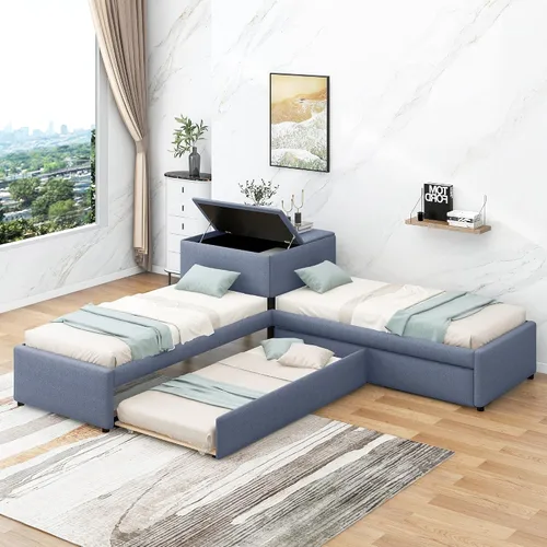 Vista 10 de Moderna cama de plataforma en forma de L con nido y cajones, cama de plataforma de madera de tamaño individual con mesa cuadrada abatible White#w