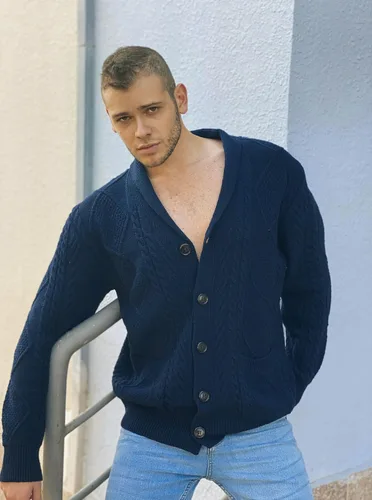 Vista 8 de JMIERR Suéter casual de manga larga con cuello de chal y botones para hombre con bolsillos
