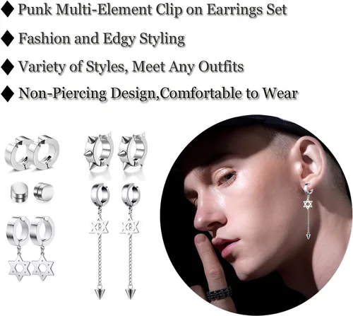 Vista 2 de Juego de 5 pares de aretes de aro de acero inoxidable negro sin perforación, remaches cruzados y borla para mujeres, hombres, niños y niñas, aretes