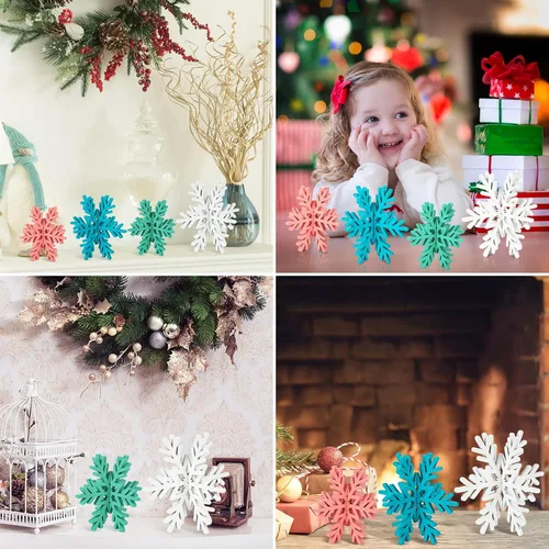 Vista 7 de Bucherry 12 piezas de decoración de mesa de copo de nieve de madera 3D con copos de nieve y centro de mesa para fiesta de congelados, Navidad
