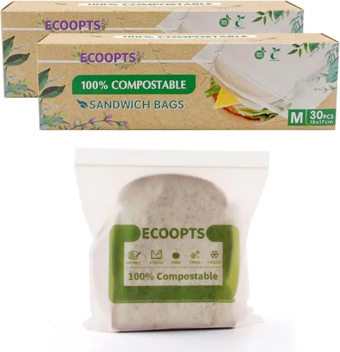 Vista 10 de Bolsa con cremallera 100% compostable para aperitivos Bolsas de almacenamiento pequeñas ecológicas Bolsa para congelador A base de plantas sin