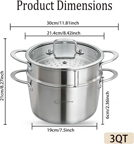 Vista 7 de LOLYKITCH Olla de Stock de Acero Inoxidable de Tres Capas de 3 QT con Tapa y Vaporera, Olla de Cocina por Inducción, Utensilios de Cocina al Vapor