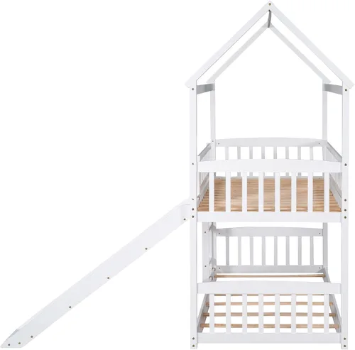 Vista 7 de Harper & Bright Designs Literas de casa para niños con tobogán, marco de litera de madera individual sobre cama individual con escalera