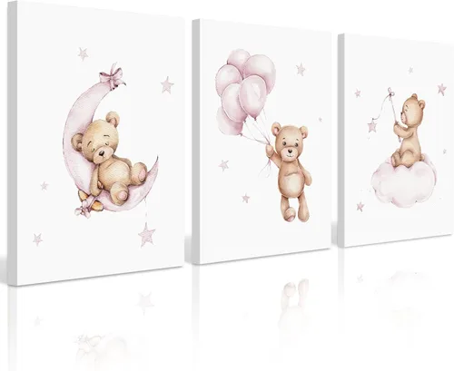 Vista 11 de Baccone Arte de pared para habitación de guardería con oso de peluche, póster para habitación de bebé niño o niña, decoración de pared de guardería