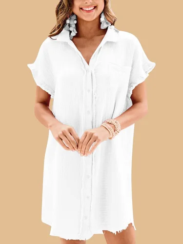Vista 5 de Paintcolors Camisa de algodón con botones para mujer, de manga corta, túnica de gran tamaño, con bolsillos
