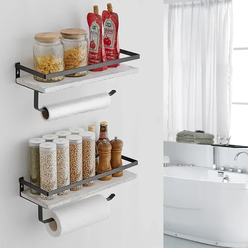 Vista 3 de BESy Estantes flotantes de almacenamiento montados en la pared con barra de toallero, soporte para toallas de papel con estante para cocina