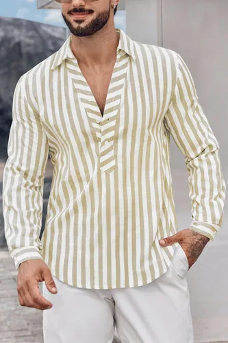 Vista 2 de Makkrom Camisa Henley de algodón para hombre, a rayas, manga larga, hippie, casual, para verano y playa