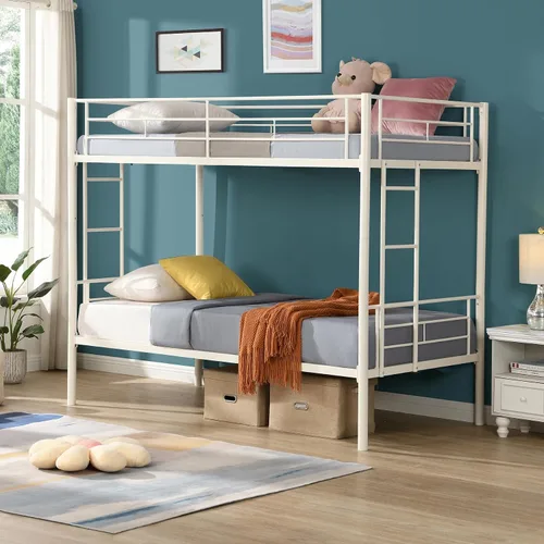 Vista 8 de Litera de metal individual sobre cama individual para niños, niñas, adolescentes y adultos, base de cama de tamaño individual con barandilla