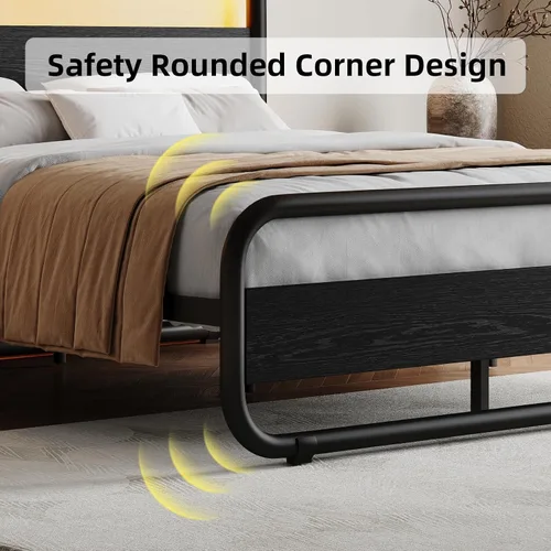 Vista 3 de Catrimown - Marco para cama individual con luces LED, marco de cama plataforma individual resistente de metal rústico con cabecera de madera