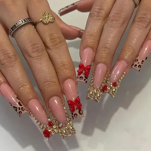 Vista 17 de MISUD Uñas a presión – Uñas cuadradas largas con pegamento rosa y negro, acrílico Y2K diseño de dijes de 24 piezas