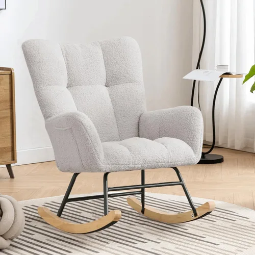 Vista 12 de Mecedora de cuarto de bebé con asiento deslizante tapizado en estilo oso de peluche, con respaldo alto, sillón acento con cómodo bolsillo lateral