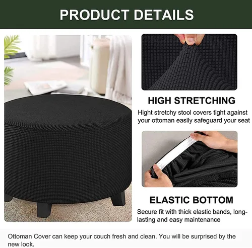 Vista 5 de Fundas elásticas para otomanas, fundas otomanas redondas, fundas extraíbles para reposapiés, fundas protectoras otomanas de almacenamiento para sala