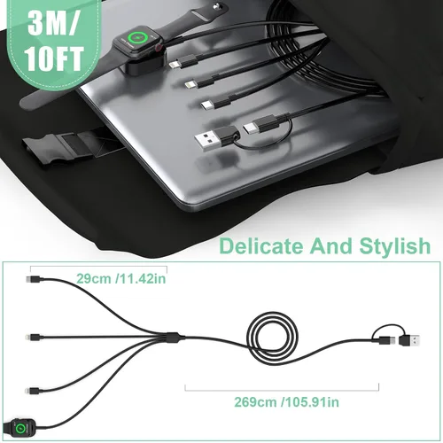 Vista 7 de Cable de carga rápida universal 4 en 1 USB C para Apple Smart iWatch, 3M/10 pies tipo C+USB A cargador de reloj+Lightning*2+cable tipo C adaptador