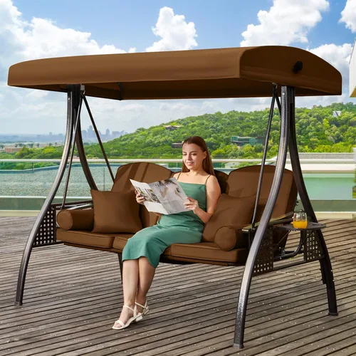 Vista 26 de Columpio de porche para exteriores 3 en 1 con toldo ajustable, columpio de 3 asientos para adultos, columpio de patio con cojines gruesos, almohadas
