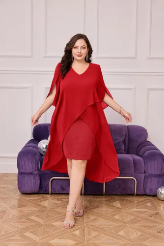 Vista 2 de Hanna Nikole Vestido de cóctel de gasa para mujer, talla grande, con volantes, manga 34, vestidos de fiesta de invitados de boda con dobladillo alto