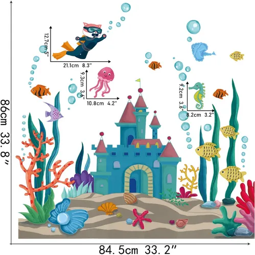 Vista 2 de Calcomanías de pared de peces marinos 3D bajo el mar, castillo, calcomanías de pared removibles de algas marinas, corales de medusas de burbujas