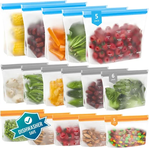 Vista 9 de Bolsas de almacenamiento reutilizables aptas para lavavajillas de pie, bolsas de sándwich reutilizables sin BPA – Bolsas de congelador de un galón a