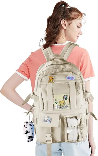 Vista 6 de AoMoon - Mochila Kawaii Linda, Mochila de Colores Pastel para Niñas y Adolescentes, Mochilas Estéticas para Estudiantes con Pin Kawaii y Accesorios