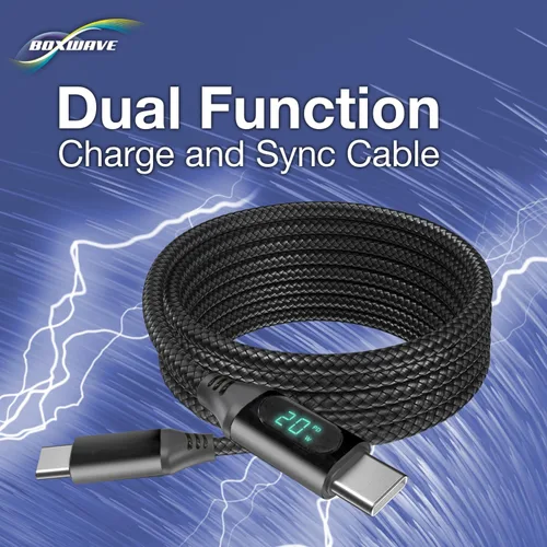 Vista 9 de BoxWave Cable Compatible with Lava Z4 - PowerDisplay PD Cable (6ft) - USB-C to USB-C (100W), LED Wattage Info Extra Long Braided Nylon - Jet Black