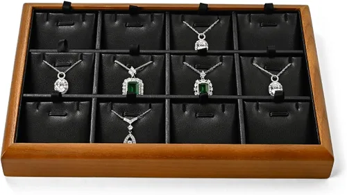 Vista 23 de Oirlv Bandeja Organizadora de Joyas Colgante de Madera Maciza de 12 Rejillas con Forro para Cajón de Joyas (Gris)