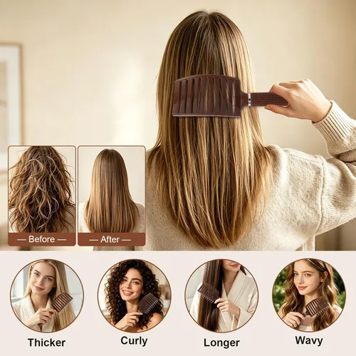Vista 6 de Cepillo de pelo, cepillo profesional curvado ventilado con cerdas de 0.984 in para un secado más rápido, desenredar para cabello húmedo y seco Marrón