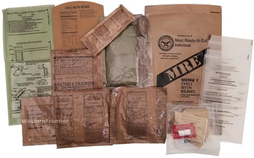 Vista 2 de Western Frontier Ultimate MRE, fecha de paquete impresa en cada comida, lista para comer. Excedente de mil genuino certificado inspeccionado