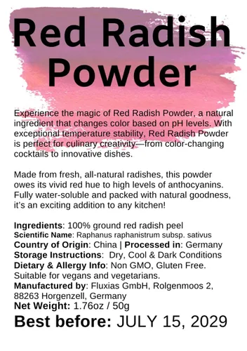Vista 8 de Polvo de rábano rojo Colorante alimenticio natural y soluble en agua 1.76 oz/50 g - Increíble en la cocina o para cócteles. Cambia de color a
