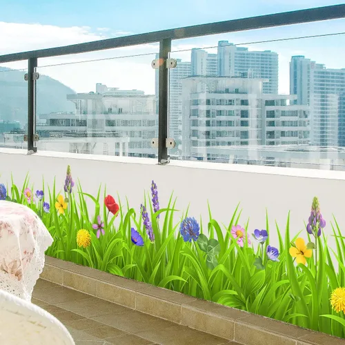 Vista 5 de Pegatinas de pared de plantas verdes frescas, calcomanías de zócalo, hojas verdes, flores coloridas, calcomanías de pared DIY Murales extraíbles