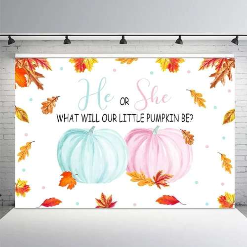 Vista 8 de MEHOFOND Fondo de otoño de 7 x 5 pies, diseño de calabaza pequeña para baby shower, decoración de fiesta con texto en inglés "He or she What Will