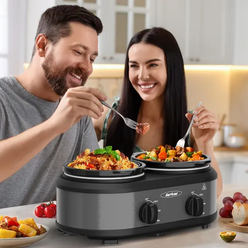 Vista 4 de [Usado] Sunvivi Olla de cocción lenta doble, servidores de buffet y calentador con 2 ollas de cerámica extraíbles, calentador de alimentos de Gris
