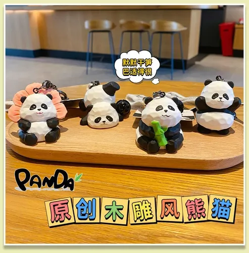 Vista 5 de HSYHERE Cute Kawaii Different Posture Wood Carving Lucky Panda Keychain Keyrings Car Key Chain Ring Bag Pendant Holder Strap