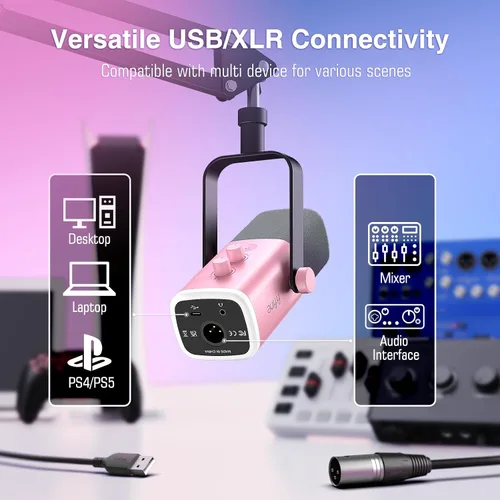 Vista 3 de FIFINE Kit de micrófono XLR/USB y mezclador de audio, juego de micrófono dinámico de transmisión para PC, con conector para auriculares, perilla