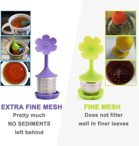 Vista 5 de Paquete de 2 filtros de silicona para té más empinados, infusores, filtros de malla fina para hojas de té, flores; morado o verde