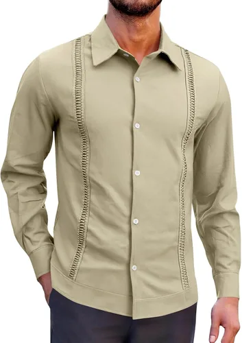 Vista 12 de Camisas de guayabera cubana para hombre, manga corta, sin doblar, con botones, color sólido, camisas de boda para trabajo, camisas casuales