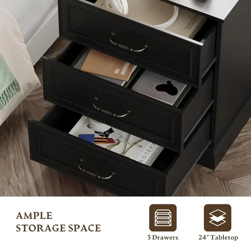 Vista 4 de Cómoda rústica de 3 cajones para dormitorio, cómoda moderna de 24 pulgadas de ancho con cajones profundos y asas de barra, mesita de noche de madera