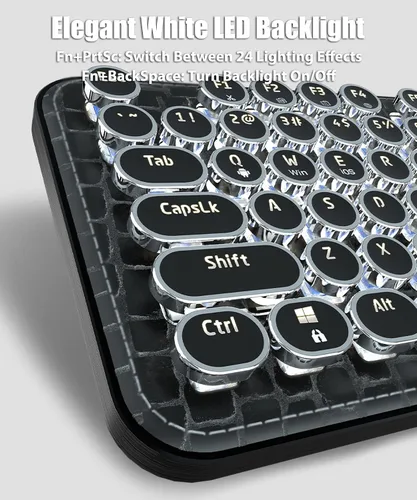 Vista 5 de Teclado de máquina de escribir con panel de piel sintética, inalámbrico de 2.4 G/Bluetooth/USB con cable, teclado mecánico estético