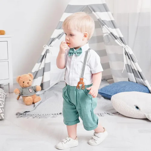 Vista 4 de Conjunto de traje de caballero de manga corta para bebé niño con corbatín + pantalones cortos con tirantes y pantalones cortos para bautizo festivo