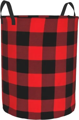 Vista 2 de Cesta circular con estampado de cuadros de búfalo impermeable, cesta organizadora de lavandería, con asas, para ropa, juguetes, pequeña