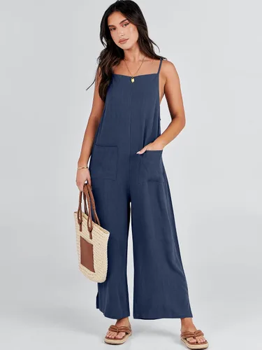 Vista 2 de ANRABESS Overol de lino con bolsillos para mujer, estilo casual, suelto, largo, con pierna ancha