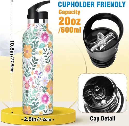 Vista 2 de Botella de agua deportiva sin BPA a prueba de fugas con tapa de boquilla a prueba de fugas, flores artísticas coloridas de verano, botellas aisladas