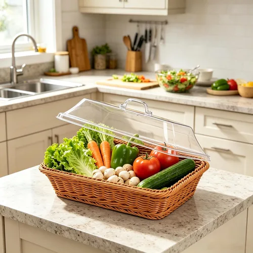 Vista 9 de DEAYOU Paquete de 2 cestas de pan de imitación de ratán con tapa, cesta tejida de mesa para servir alimentos, cesta de frutas de polietileno