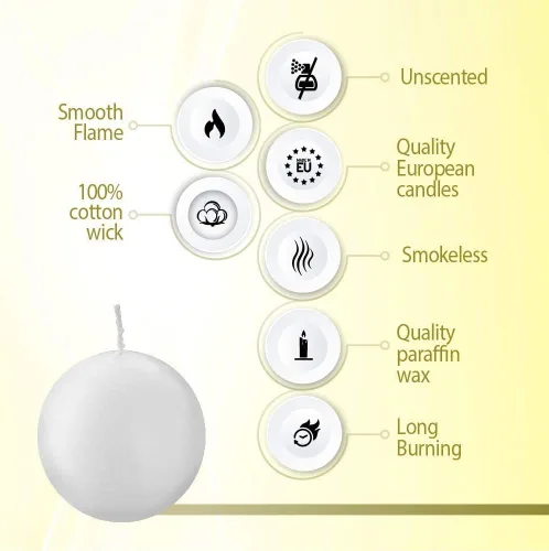 Vista 3 de Bolsius Juego de 10 velas de bola blanca sin perfume de 2.75 pulgadas, calidad europea premium, sin goteo y sin humo, ideal para bodas, fiestas