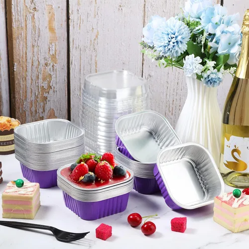 Vista 4 de 50 tazas de papel de aluminio para hornear con tapas, moldes cuadrados de 10 onzas para hornear, moldes desechables con tapas para flans Púrpura
